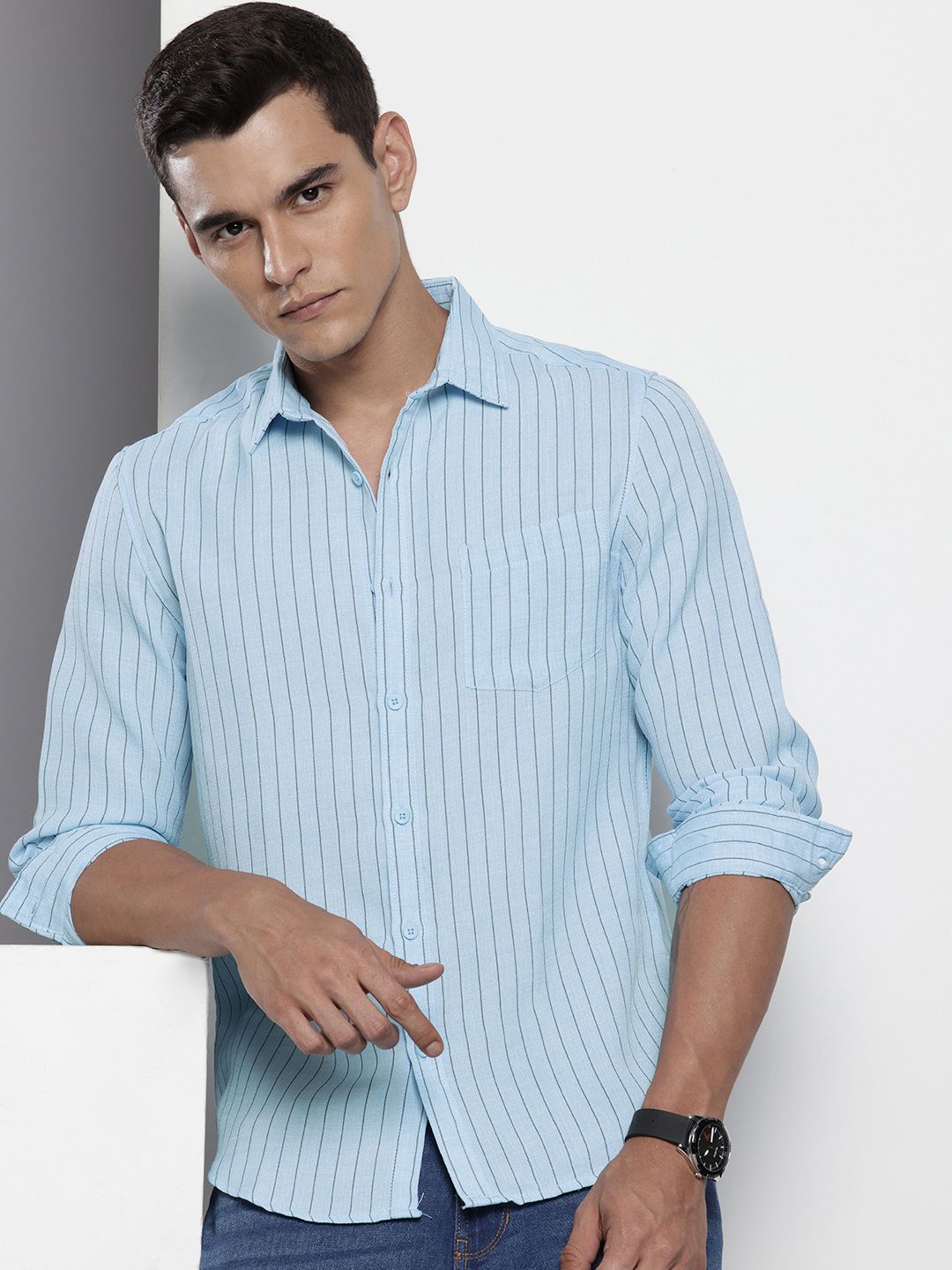 Men's Blue Slim Fit Striped Casual Shirt