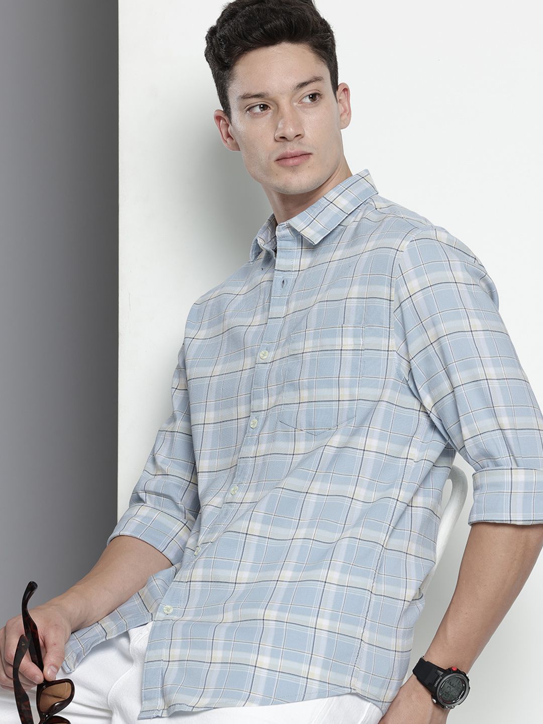 Men's Blue Slim Fit Checked Casual Shirt
