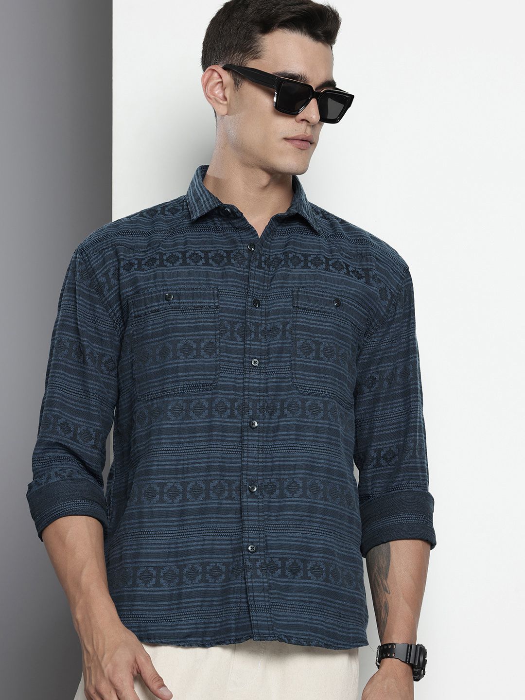 Men's Blue Relaxed Fit Textured Casual Shirt