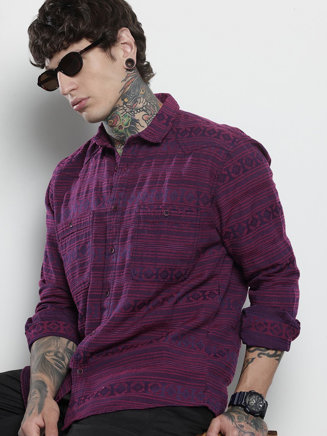 Men's Purple Relaxed Fit Textured Casual Shirt