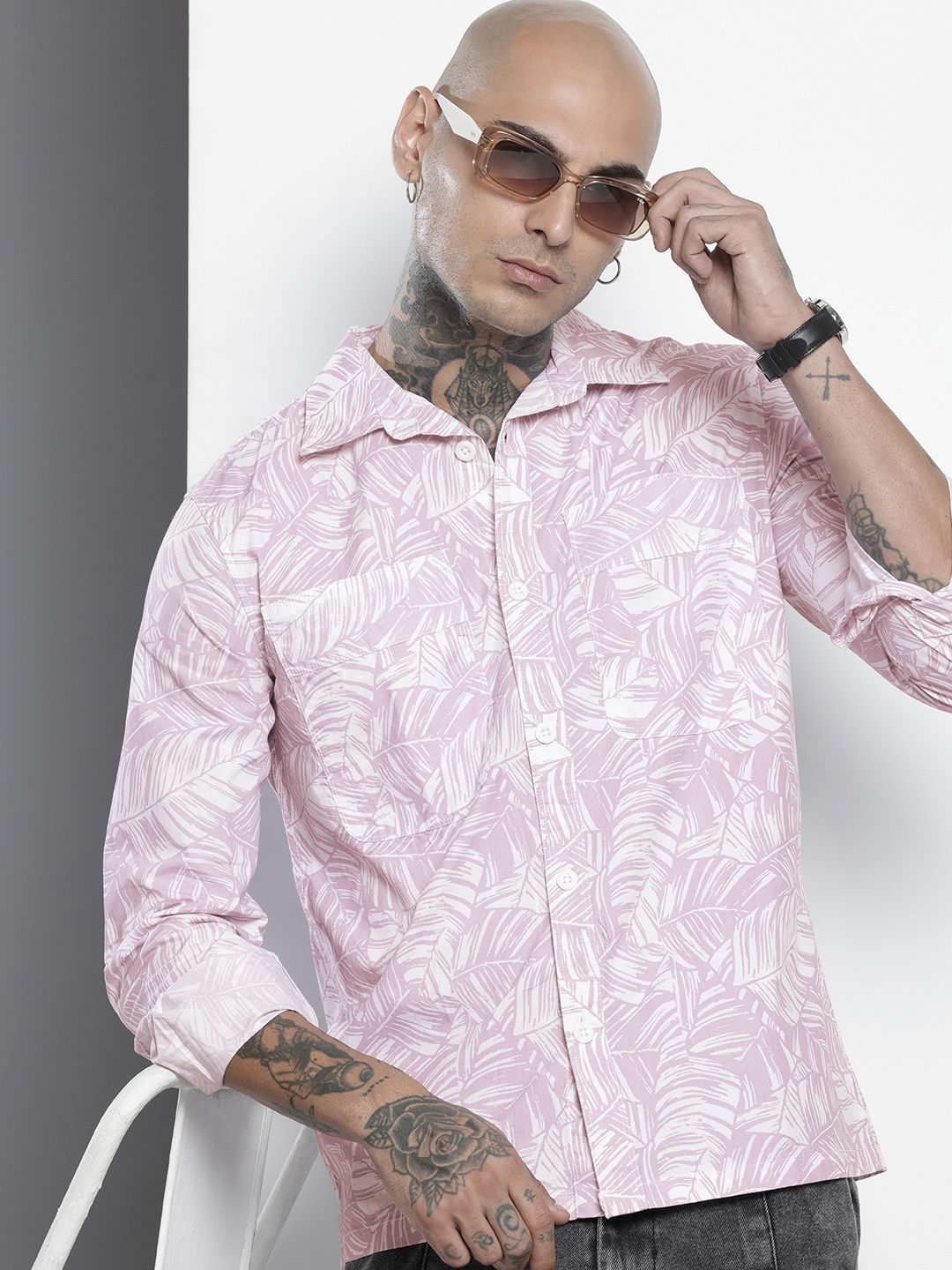 Men's Pink Regular Fit Printed Casual Shirt