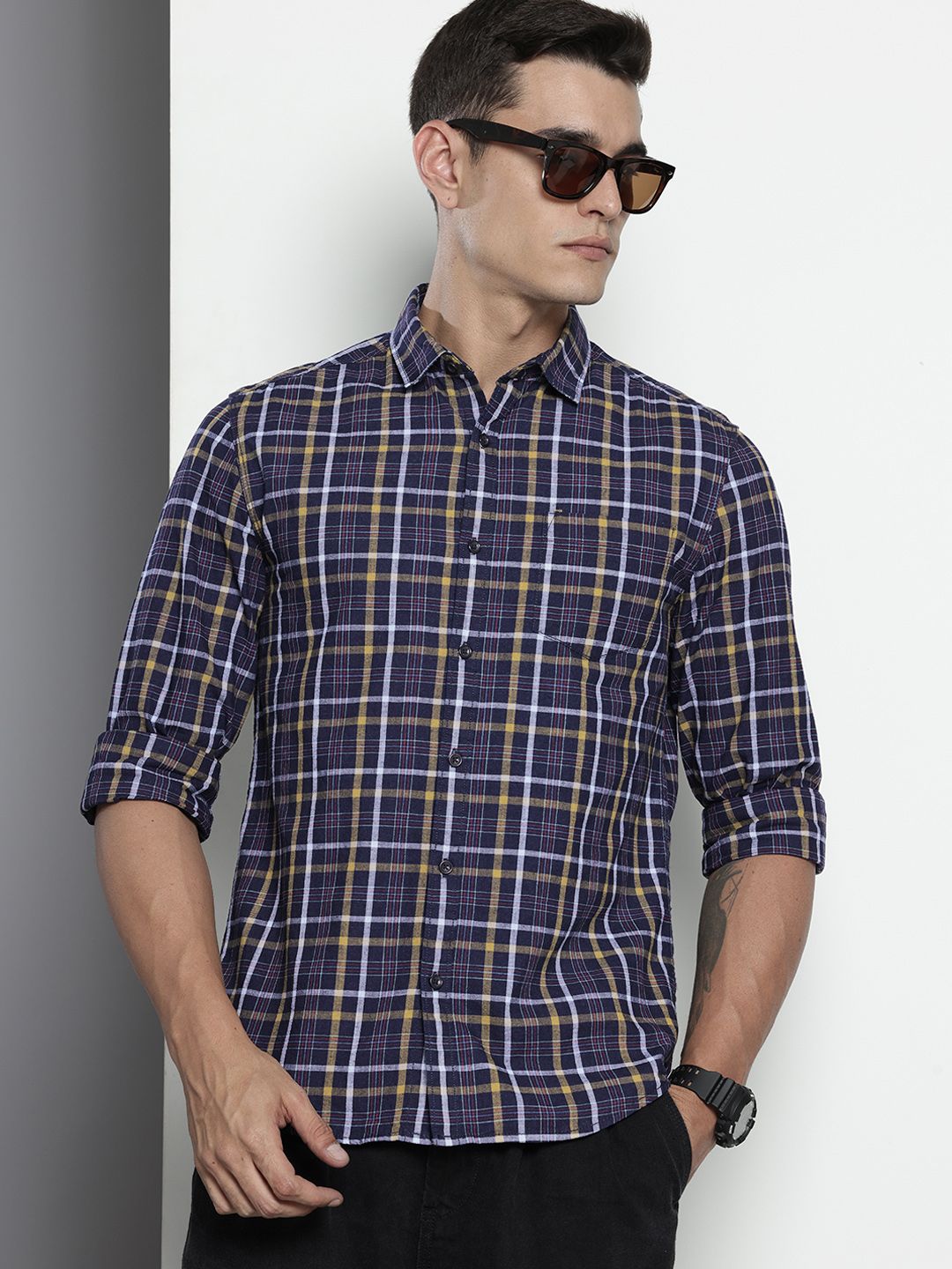 Men's Blue Slim Fit Checked Casual Shirt