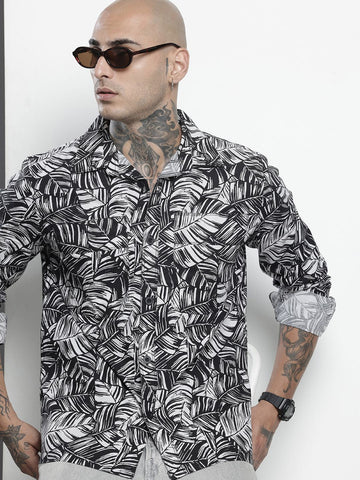Men's Black Regular Fit Printed Casual Shirt