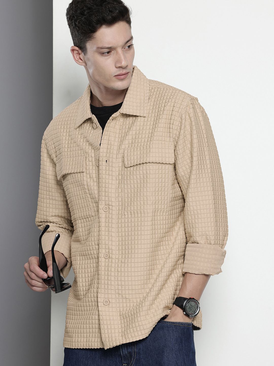 Men's Cream Regular Fit Solid Textured Shirt