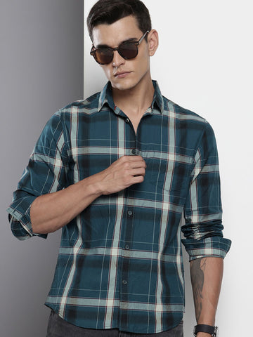 Men's Blue Slim Fit Checked Casual Shirt