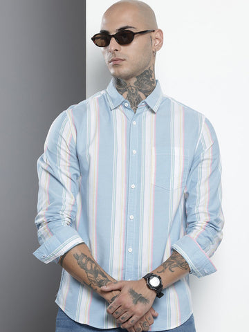 Men's Blue Slim Fit Striped Striped Shirt