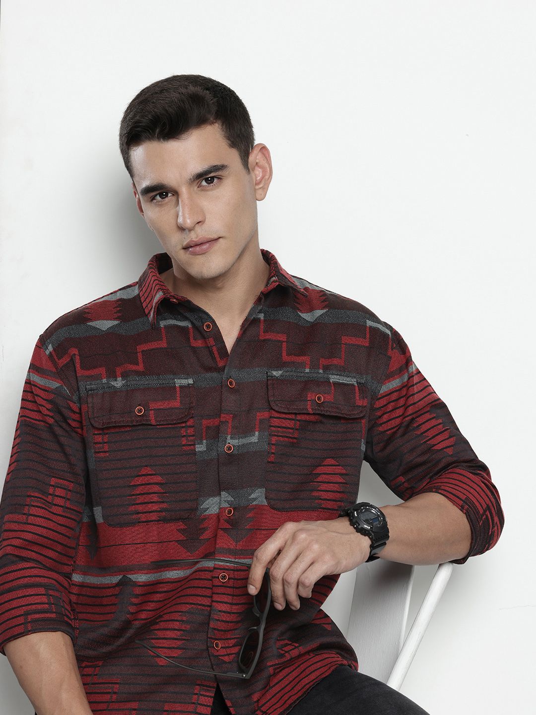 Men's Red Relaxed Fit Printed Bohemian Shirt