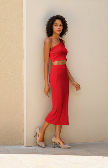 Women's Red Regular Fit Solid Casual Coordinates