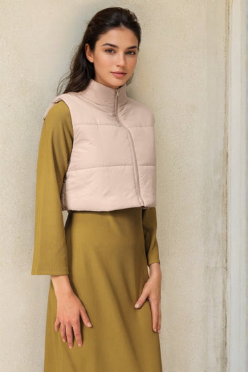 Women's Beige Regular Fit Solid Cropped Quilted Jacket