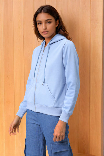 Women's Blue Relaxed Fit Solid Front Open Sweatshirt