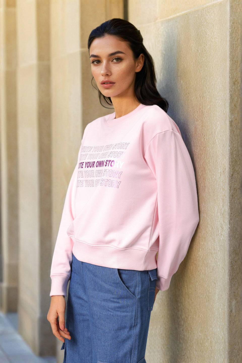 Women's Pink Relaxed Fit Foil Printed Crewneck Sweatshirt