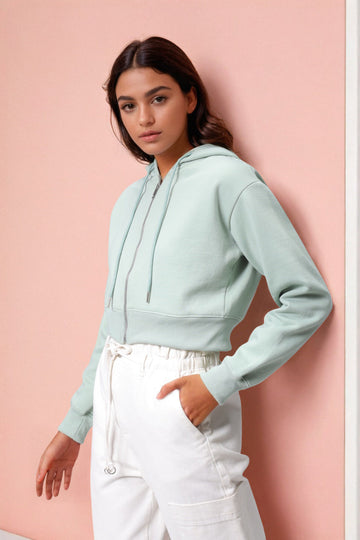 Women's Green Relaxed Fit Solid Front Open Zipper Sweatshirt