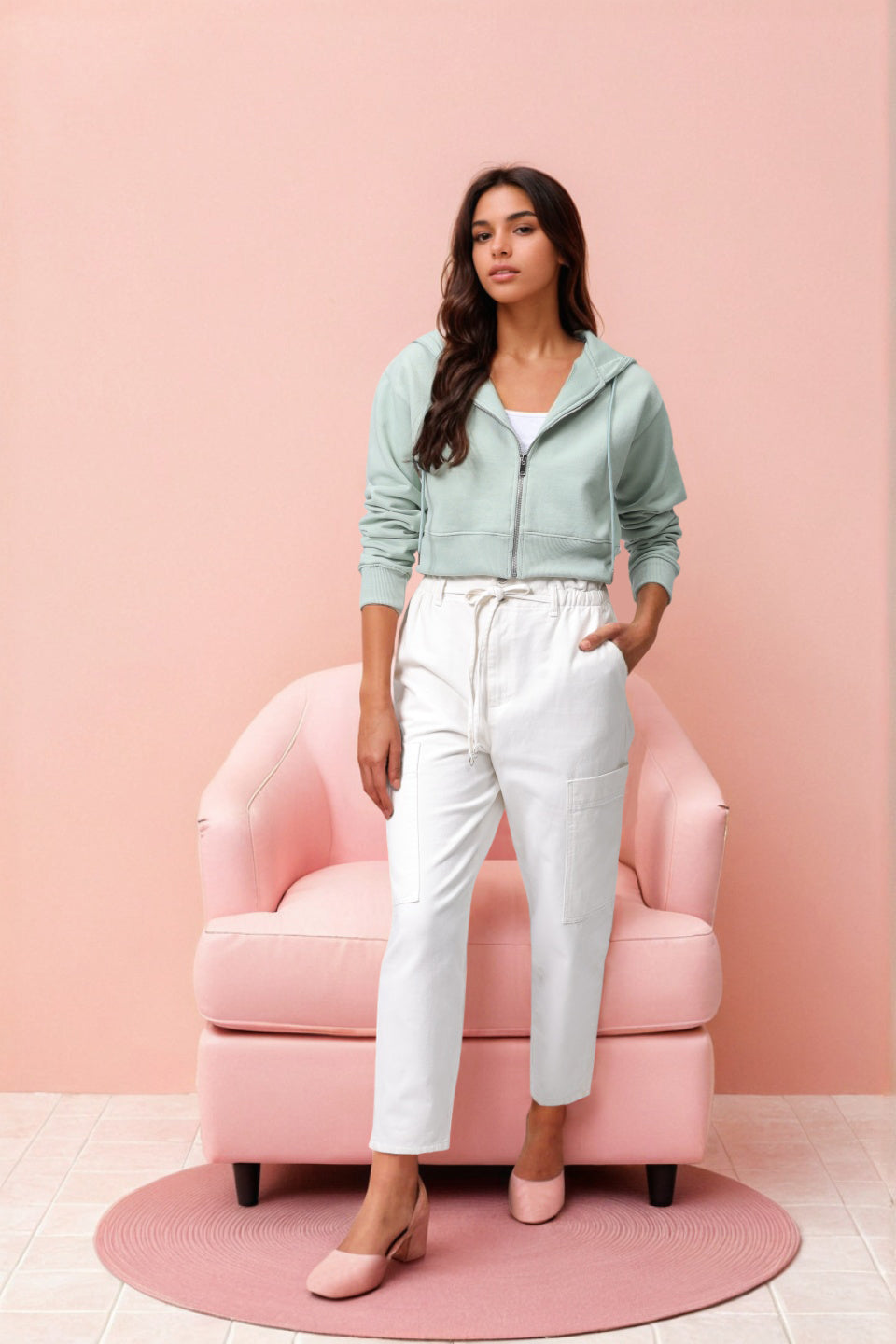 Women's Green Relaxed Fit Solid Front Open Zipper Sweatshirt