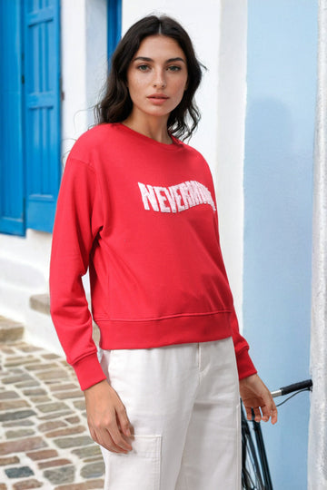 Women's Red Relaxed Fit Typographic Crewneck Sweatshirt