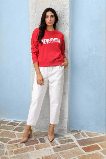 Women's Red Relaxed Fit Typographic Crewneck Sweatshirt