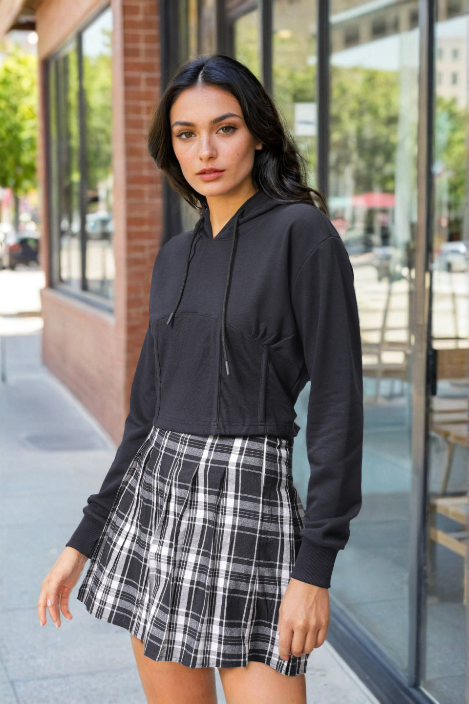 Women's Black Fitted Solid Corset Sweatshirt