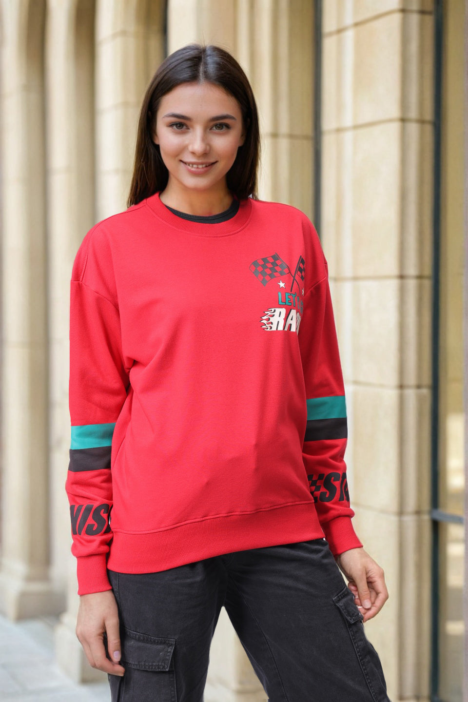 Women's Red Boxy Fit Racing Oversized Sweatshirt
