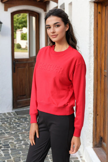 Women's Red Relaxed Fit Typographic Crewneck Sweatshirt