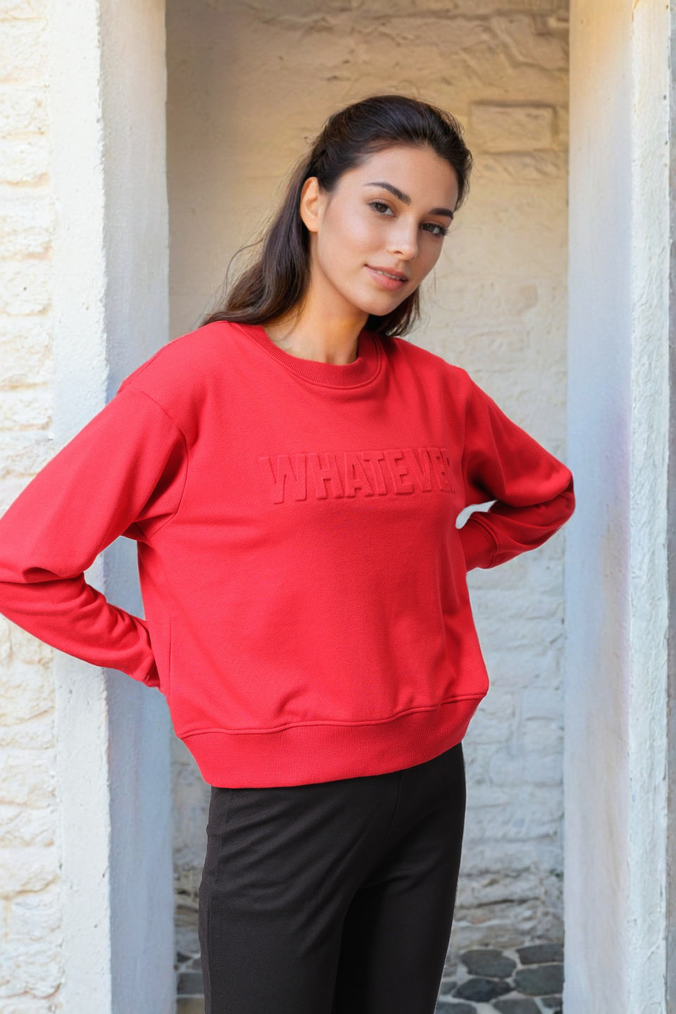 Women's Red Relaxed Fit Typographic Crewneck Sweatshirt