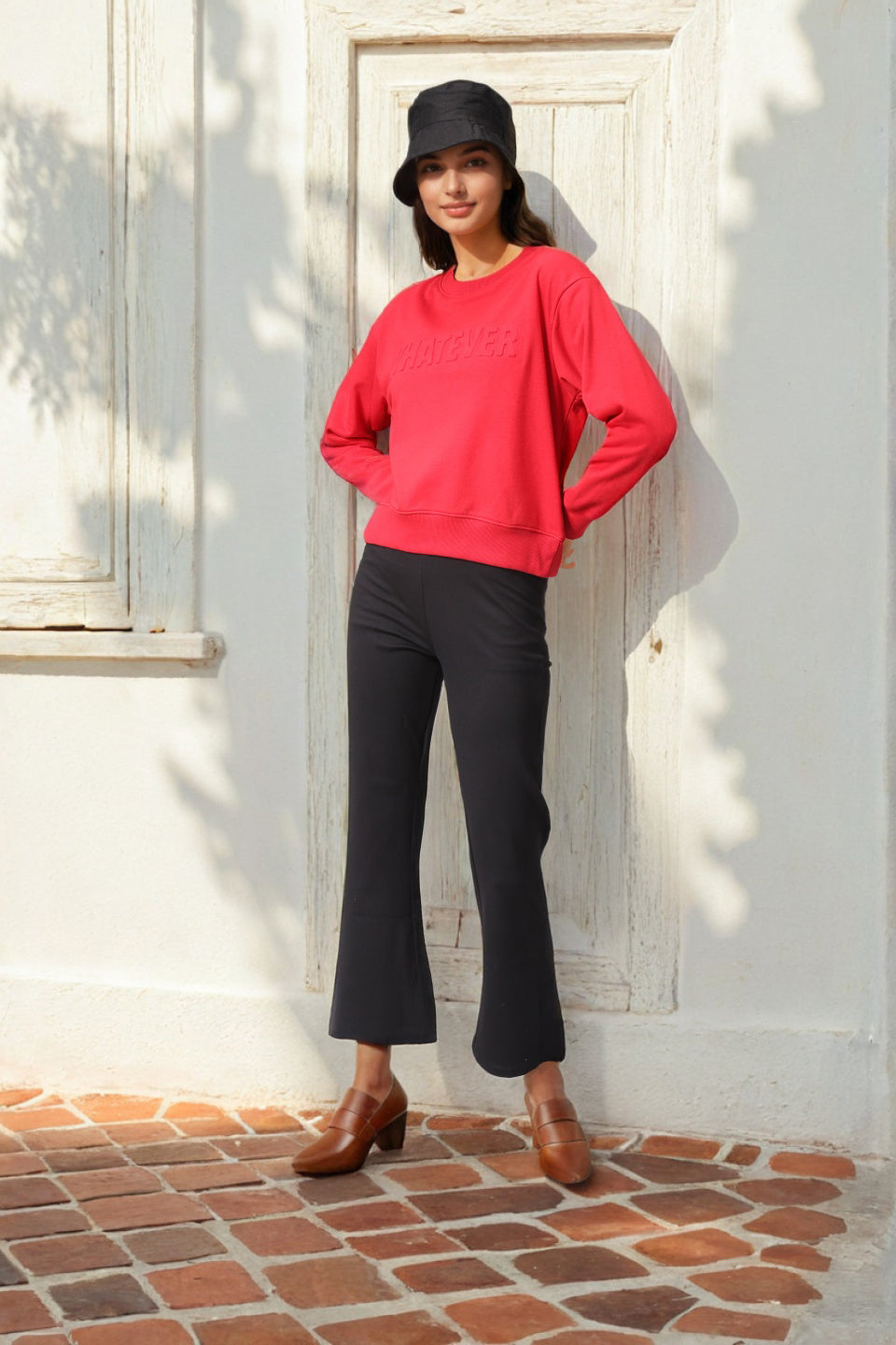 Women's Red Relaxed Fit Typographic Crewneck Sweatshirt