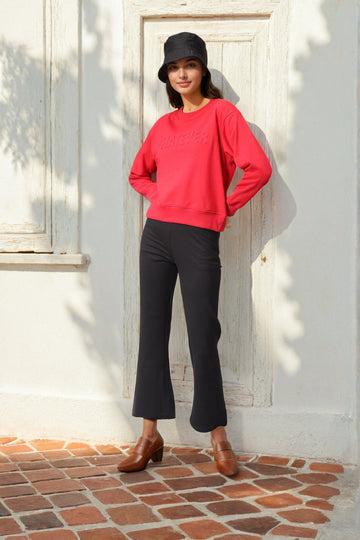 Women's Red Relaxed Fit Typographic Crewneck Sweatshirt