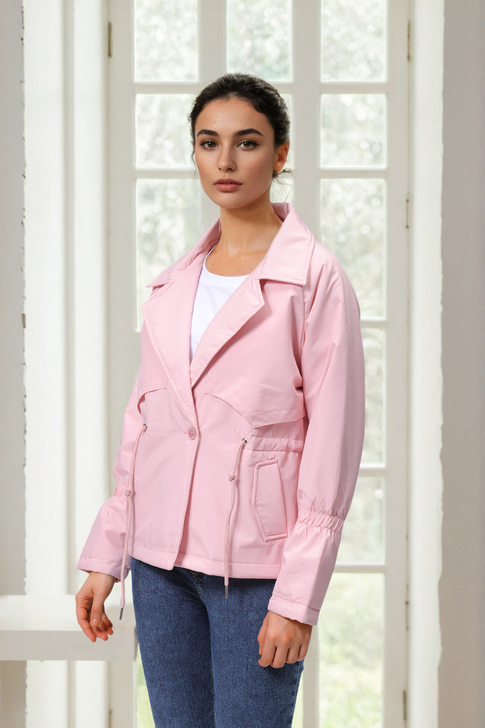 Women's Pink Regular Fit Solid Trench Coat