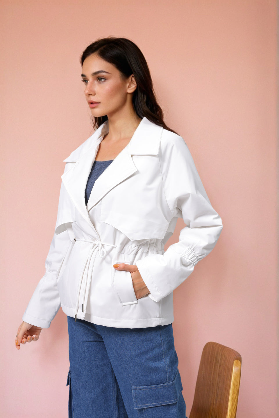 Women's White Regular Fit Solid Trench Coat