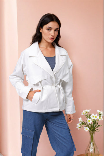 Women's White Regular Fit Solid Trench Coat