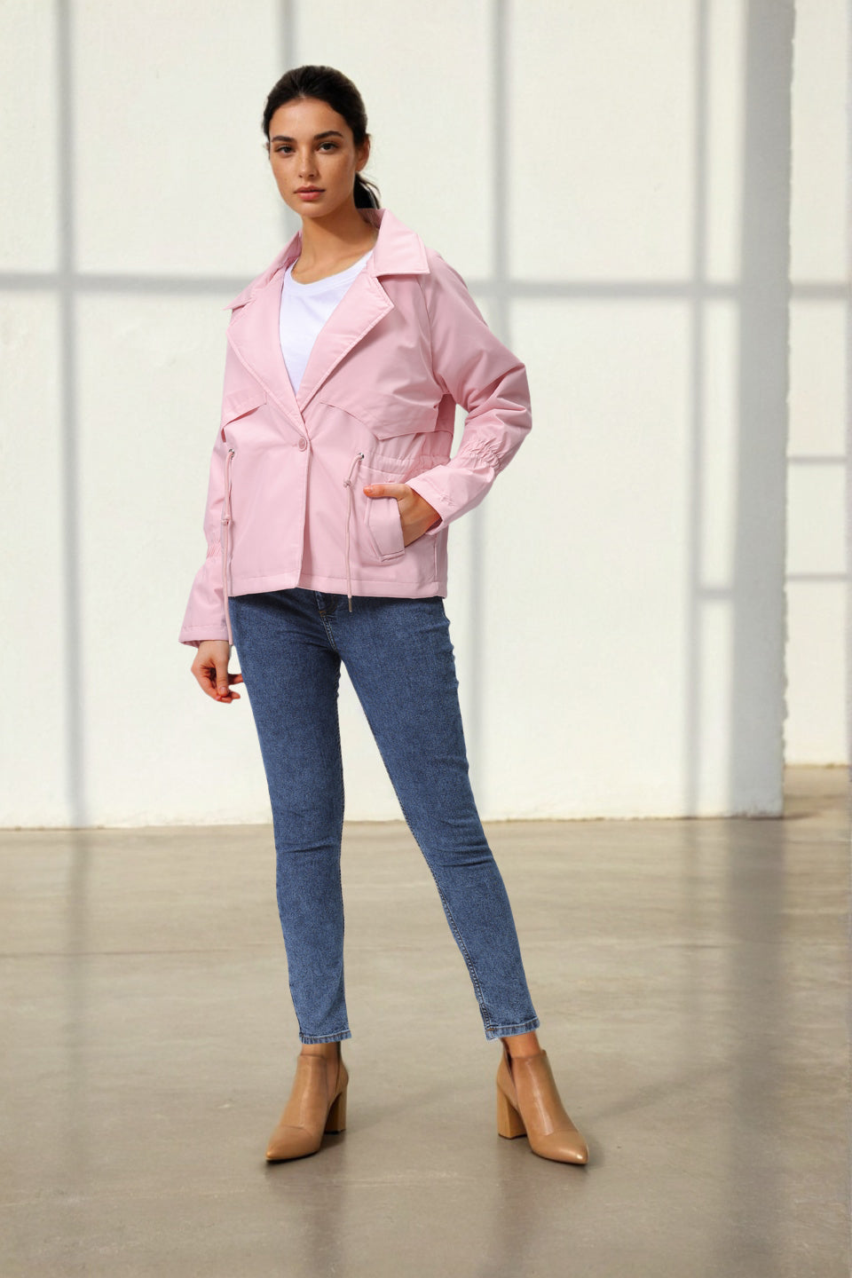Women's Pink Regular Fit Solid Trench Coat