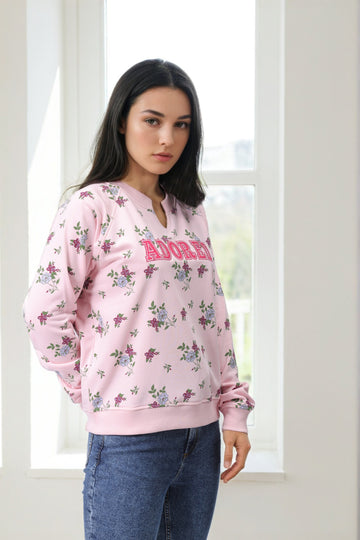 Women's Pink Oversized Ditsy Printed Sweatshirt