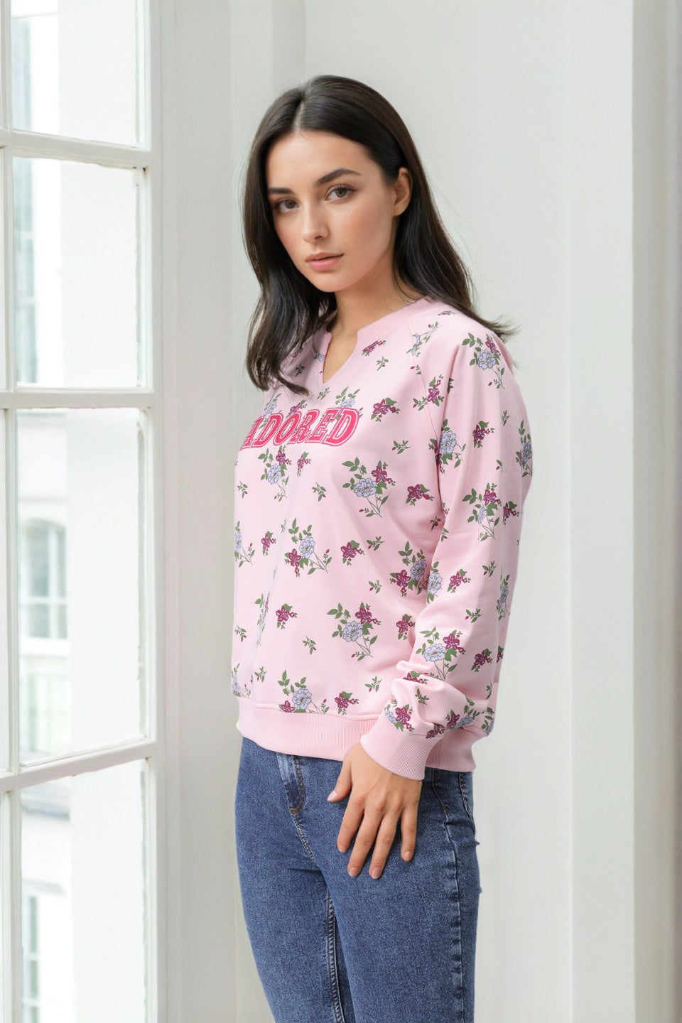 Women's Pink Oversized Ditsy Printed Sweatshirt
