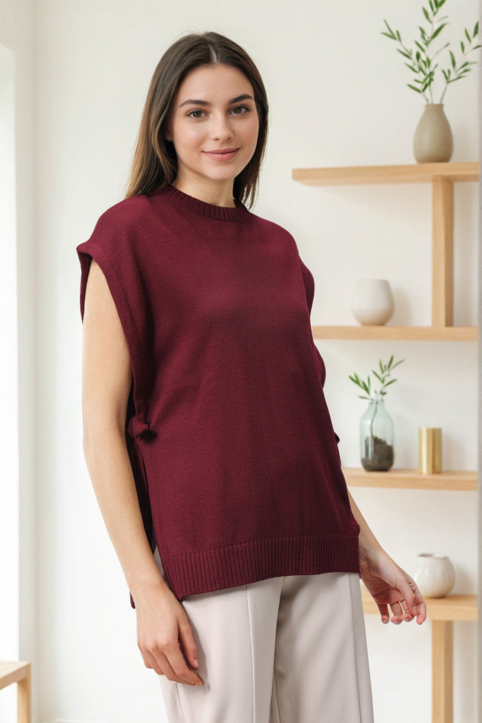 Women's Red Loose Fit Solid Sweater