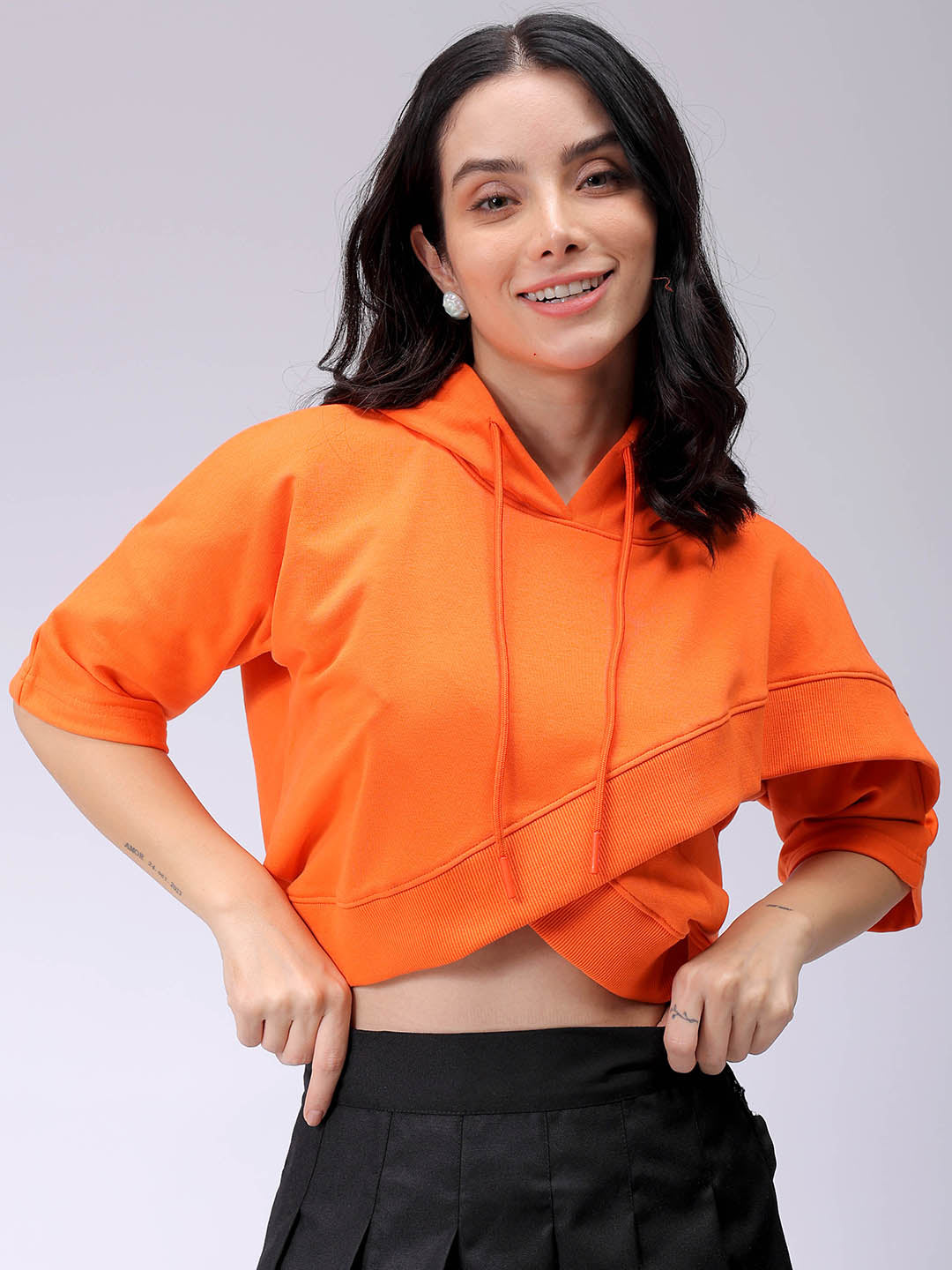 Women's Orange Boxy Fit Solid Wrap Sweatshirt