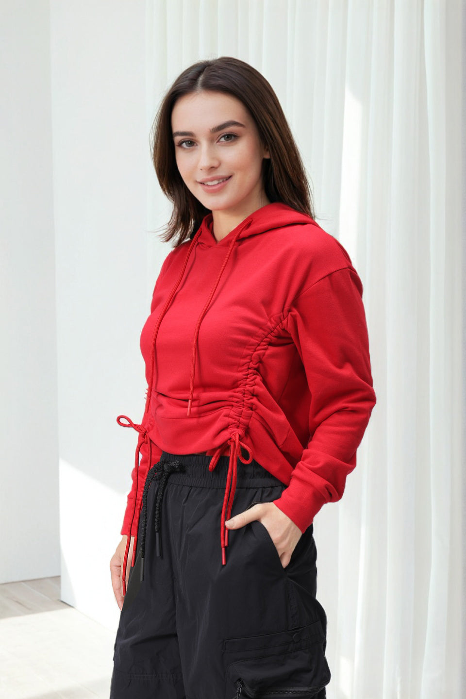 Women's Red Relaxed Fit Solid Ruched Sweatshirt