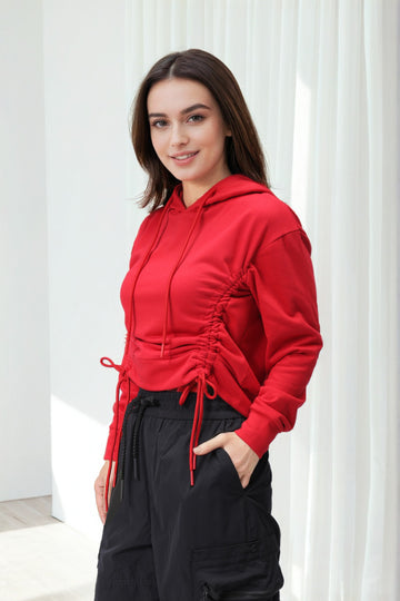 Women's Red Relaxed Fit Solid Ruched Sweatshirt