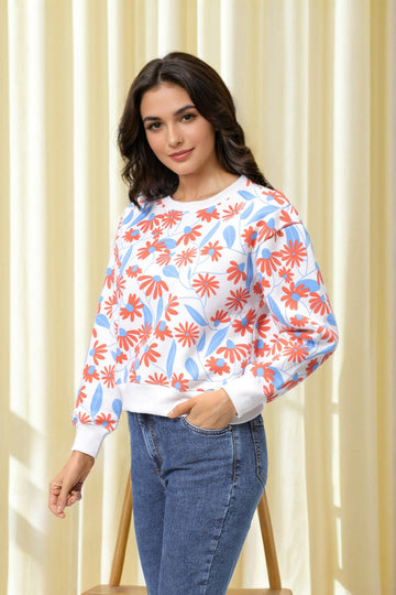 Women's White Relaxed Fit Floral Crewneck Sweatshirt