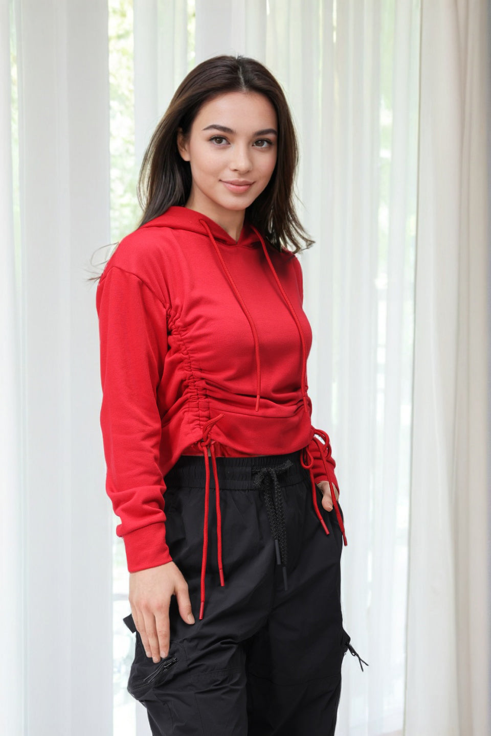 Women's Red Relaxed Fit Solid Ruched Sweatshirt