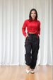 Women's Red Relaxed Fit Solid Ruched Sweatshirt