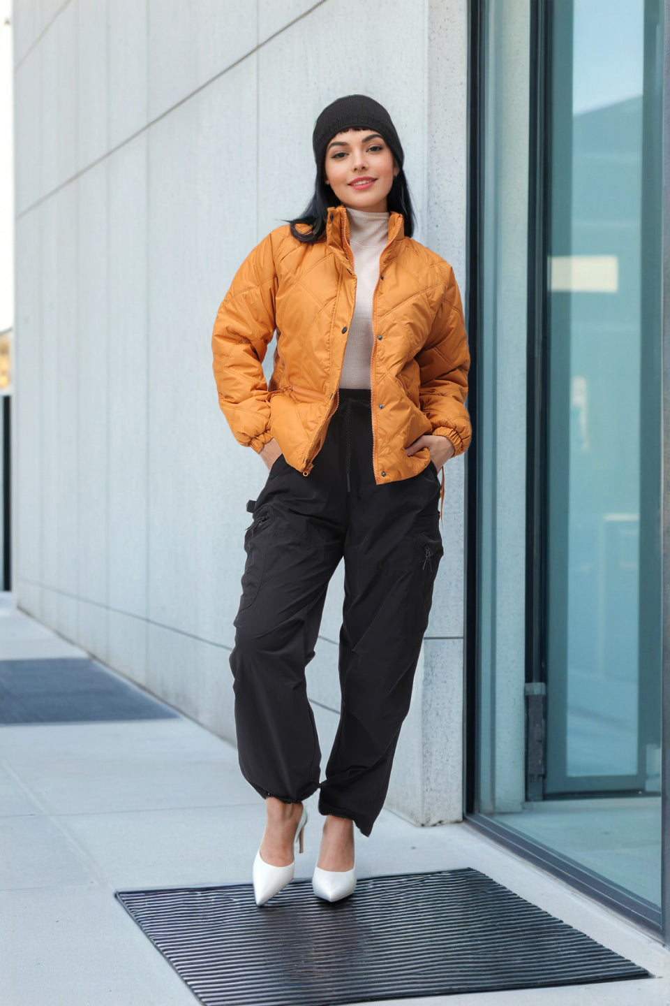 Women's Mustard Relaxed Solid Quilted Jacket