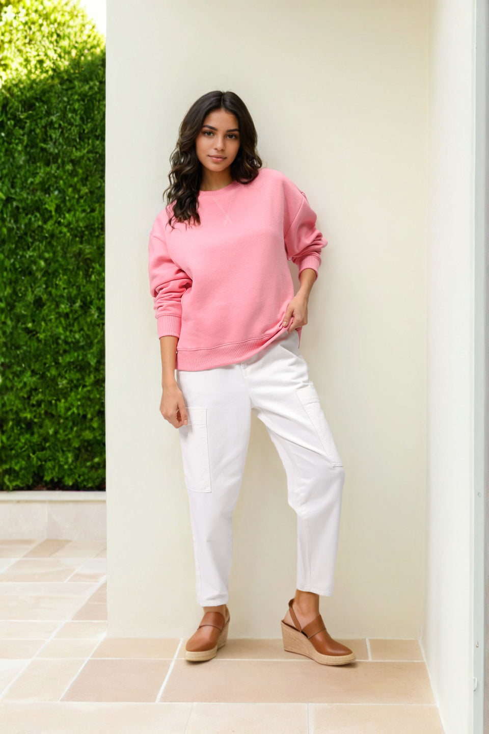Women's Pink Boxy Solid Oversized Sweatshirt