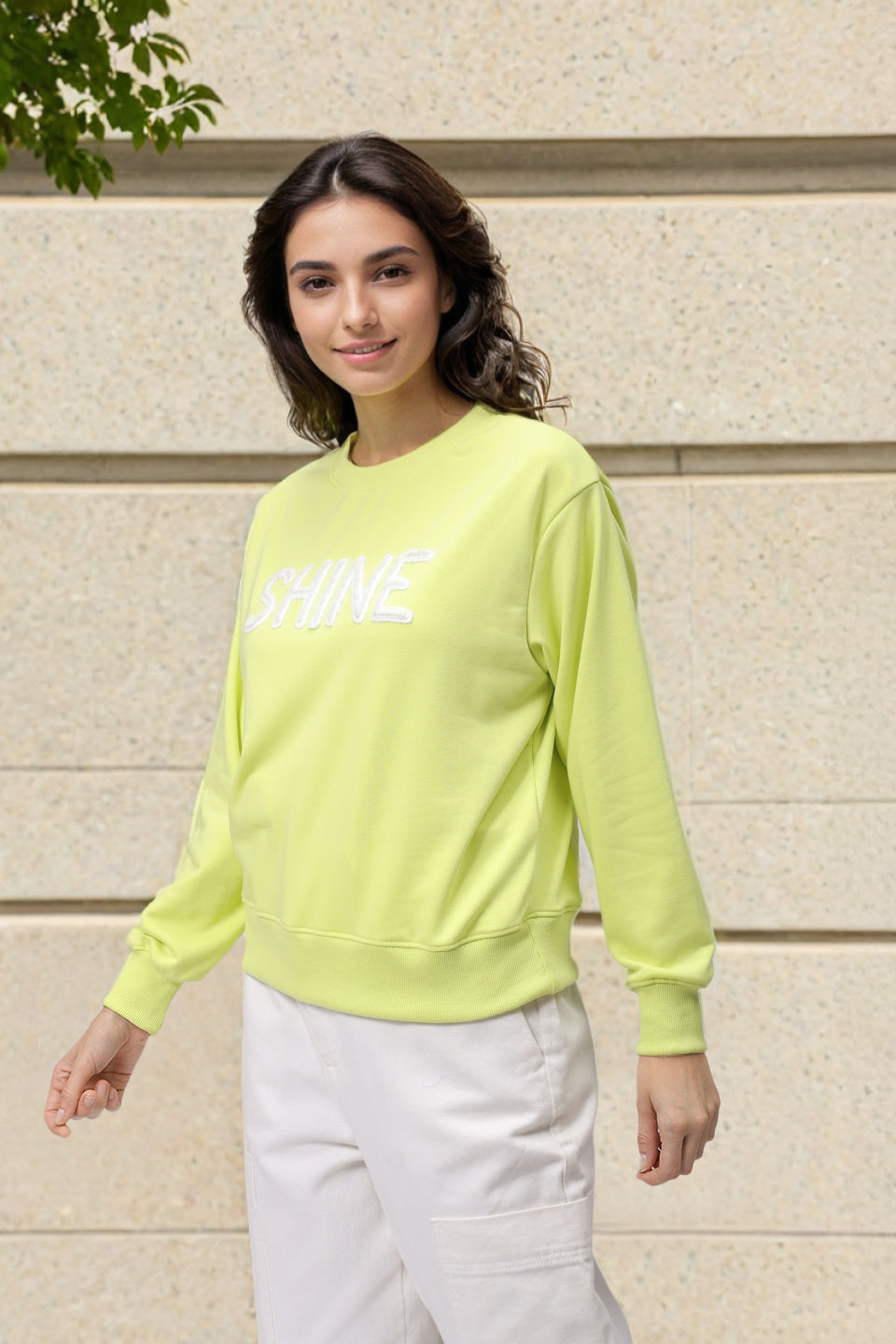 Women's Yellow Relaxed Fit Typographic Crewneck Sweatshirt