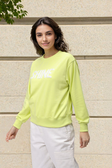 Women's Yellow Relaxed Fit Typographic Crewneck Sweatshirt