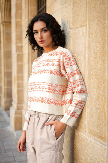 Women's White Regular Fit Geometric Printed Sweater