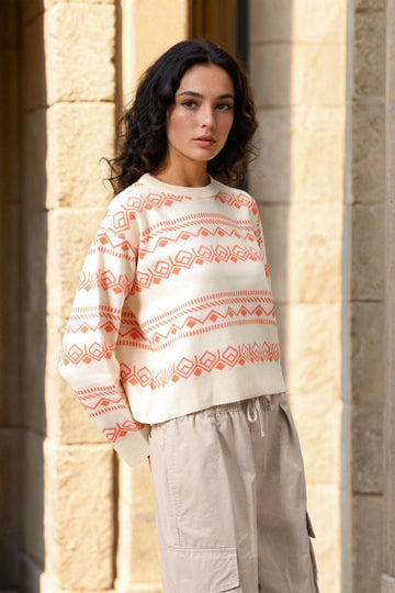 Women's White Regular Fit Geometric Printed Sweater