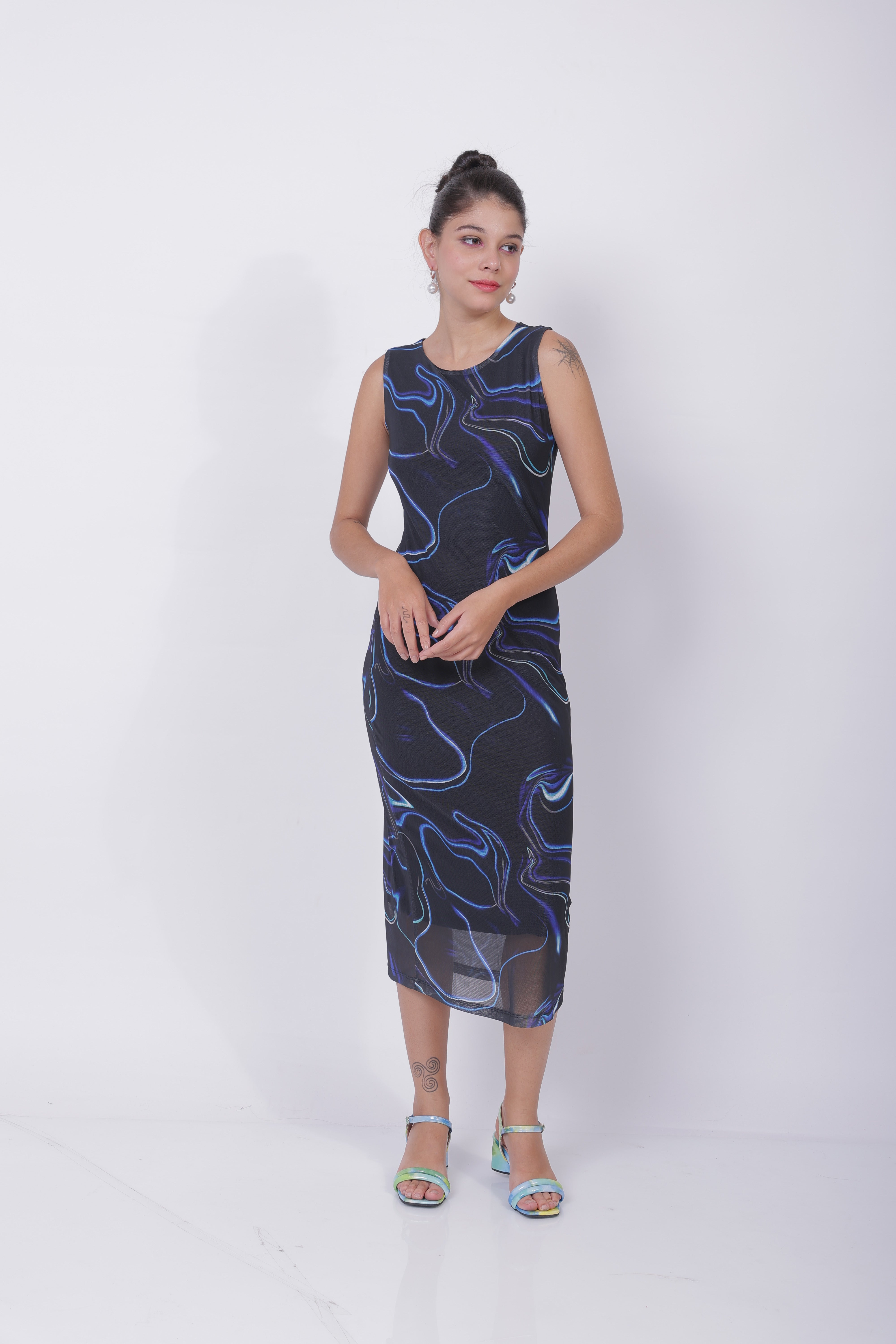 Freehand Blue Fitted Abstract Midi Mesh Dress