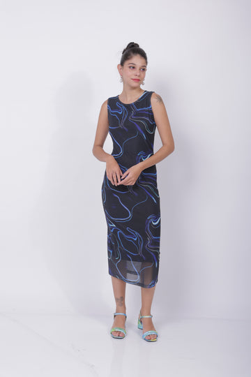 Freehand Blue Fitted Abstract Midi Mesh Dress