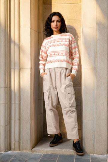 Women's White Regular Fit Geometric Printed Sweater