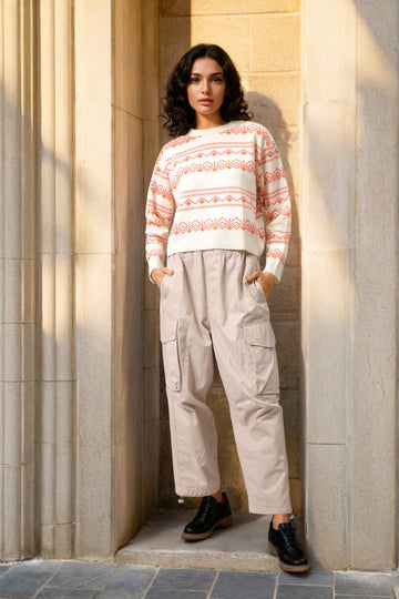 Women's White Regular Fit Geometric Printed Sweater