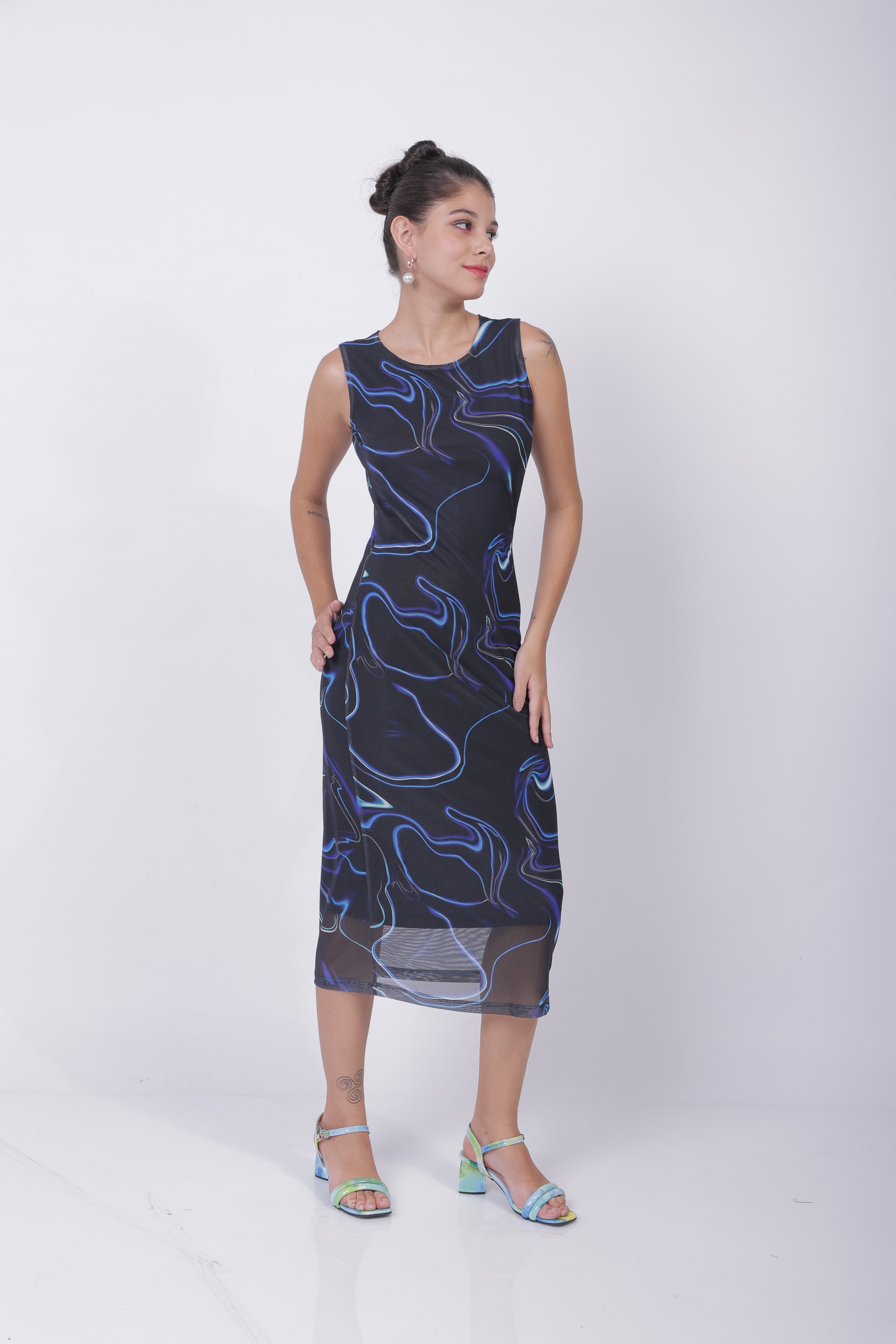 Freehand Blue Fitted Abstract Midi Mesh Dress