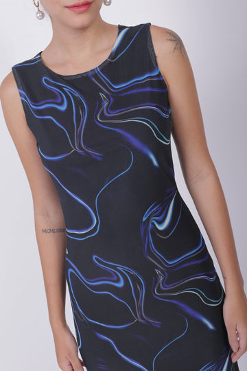 Freehand Blue Fitted Abstract Midi Mesh Dress